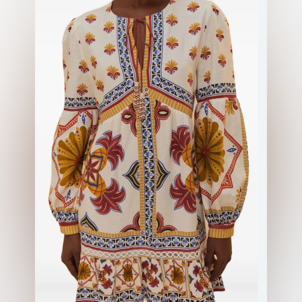 Farm Rio Off-White Bright Multi Tile Print Lightweight Long Sleeve Mini Dress: M - Picture 4 of 13